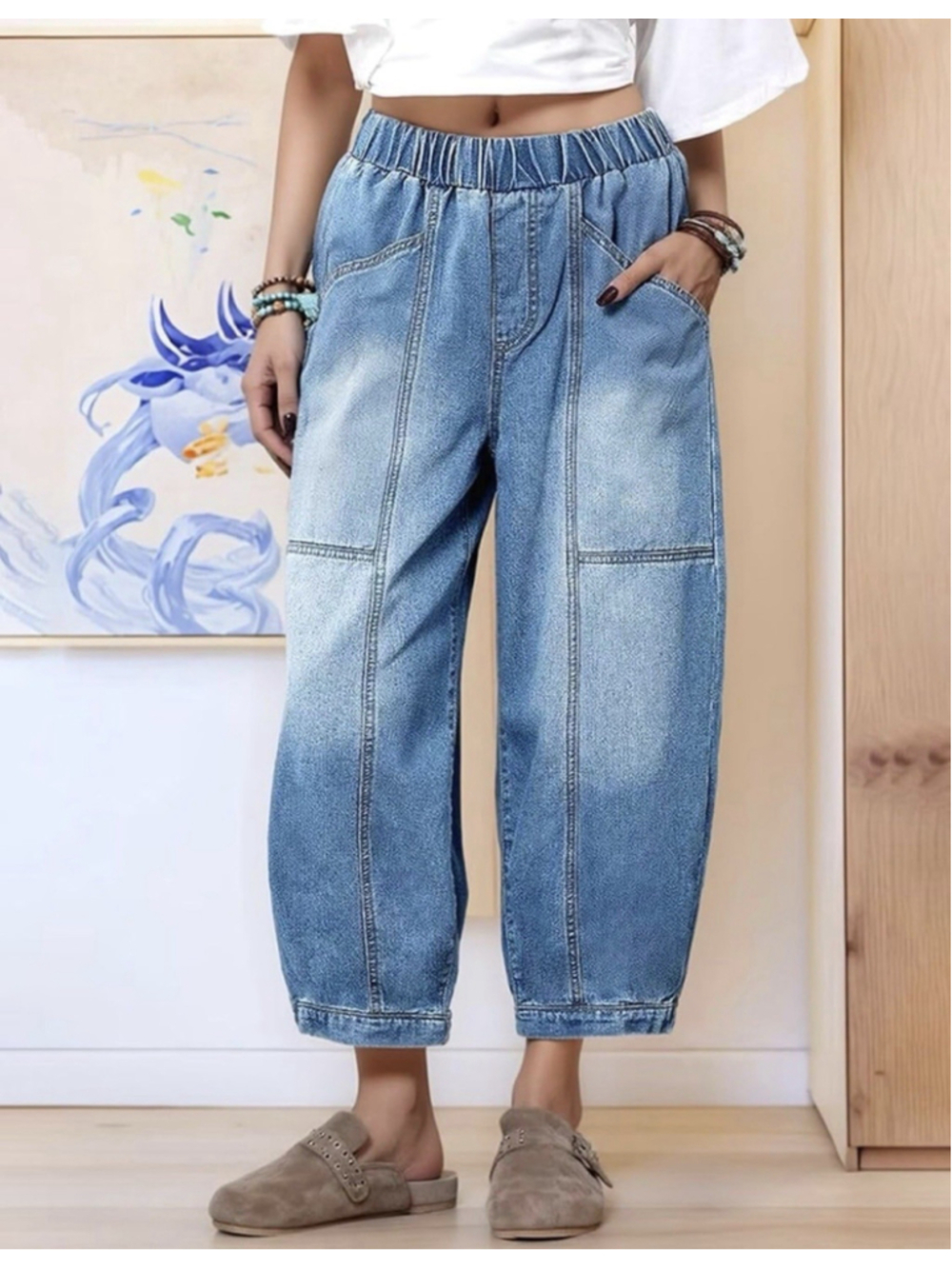 Flamingals Barrel Leg Cropped Jeans Mid Rise Elastic Waisted Washed Seam S